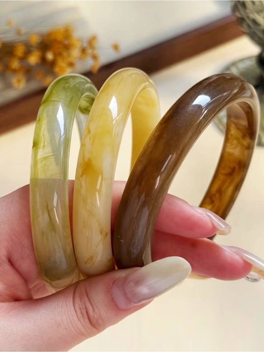 Trio of Resin Bangle Bracelets in Green, Cream & Brown